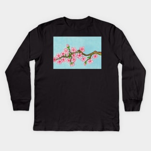 Branch with pink cherry flowers on blue Kids Long Sleeve T-Shirt